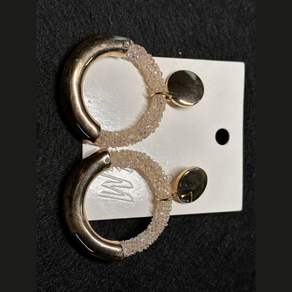 Boutique Gold Rhinestone Huggie Hoop Disc Drop Earrings Statement NWT